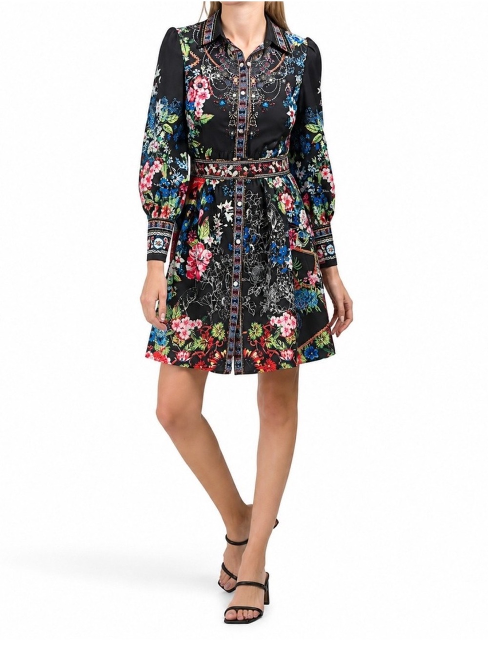 $250 DALIA MACPHEE FLORAL LONG SLEEVE DRESS wedding guest little black dress M